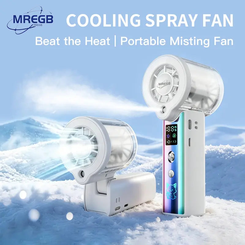 MREGB 2026 New Mist Spray Cooling Handheld Fan — High-Speed ​​Cooling Fan with Long-Lasting Battery, CVT to Randomly Adjust Airflow, Built-In Lighting, Relief Portable Fan for Summer Walk Summerwins
