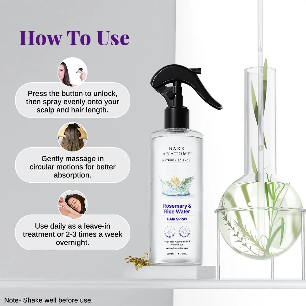 Revitalize Your Hair with Bare Anatomy Rosemary & Rice Water - 100% Natural, Non-Greasy, Fast-Absorbing Formula for Soft, Smooth Hair - 200 mL
