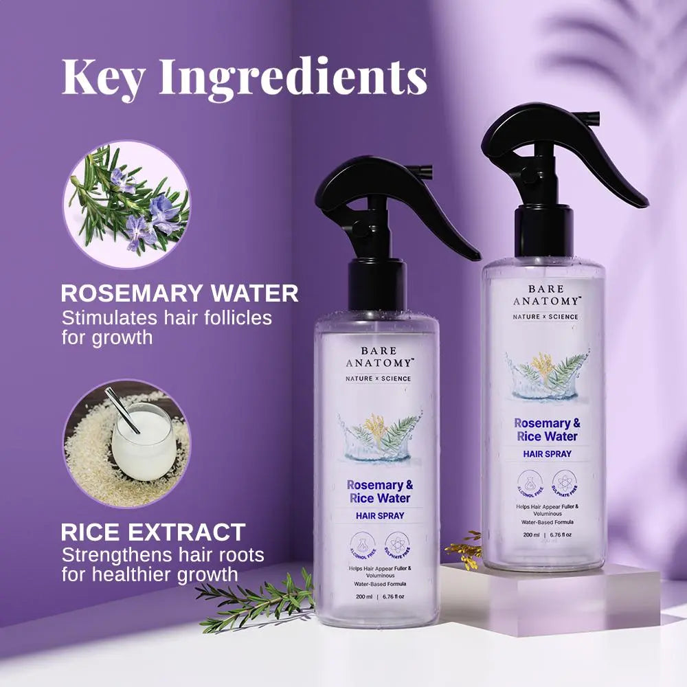 Revitalize Your Hair with Bare Anatomy Rosemary & Rice Water - 100% Natural, Non-Greasy, Fast-Absorbing Formula for Soft, Smooth Hair - 200 mL